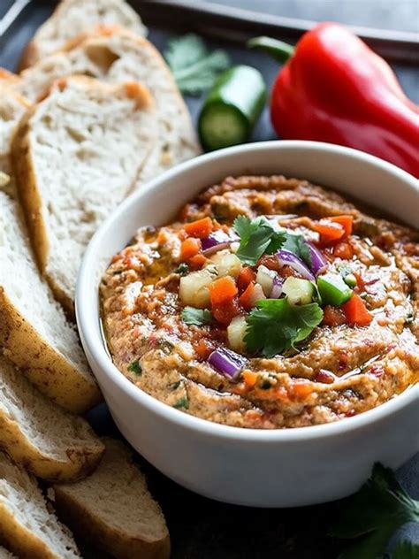 Thematic photo of eggplant dip served with fresh vegetables and crackers.
