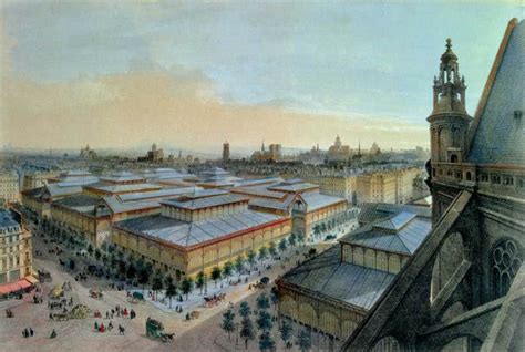 Zgodovinska ilustracija pariških ulic ali tržnice Les Halles v 18. stoletju
