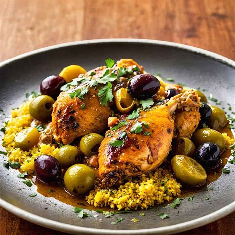 Thematic photo of Greek chicken with lemons, olives, and herbs