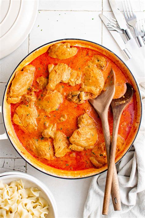 Thematic photo of a rustic bowl of paprikash with pasta