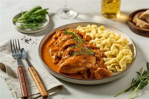 Thematic photo of rabbit paprikash served with pasta
