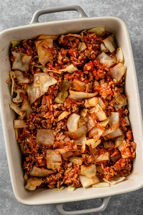 Thematic photo of a casserole with minced meat, rice, and cabbage.