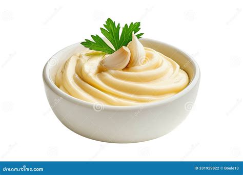 Photo of a bowl with creamy mayonnaise sauce and fresh herbs