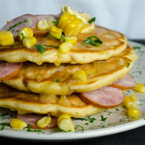 Infographic of a savory corn pancake recipe with filling
