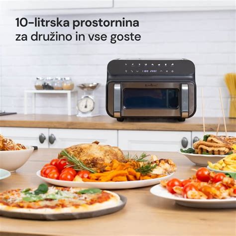 prikaz delovanja cvrtnika na vroč zrak, kjer vroč zrak enakomerno obdaja paniran zrezek