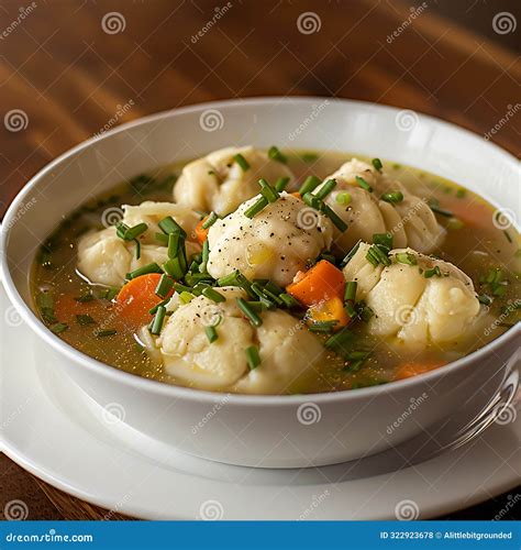 Thematic photo of spinach soup with ham dumplings in a bowl, garnished with fresh herbs.