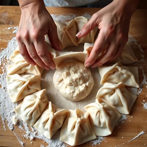 Photo showing the process of forming ham dumplings with hands.
