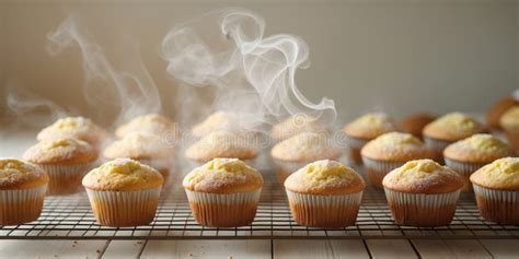 Thematic photo of freshly baked lemon muffins on a cooling rack