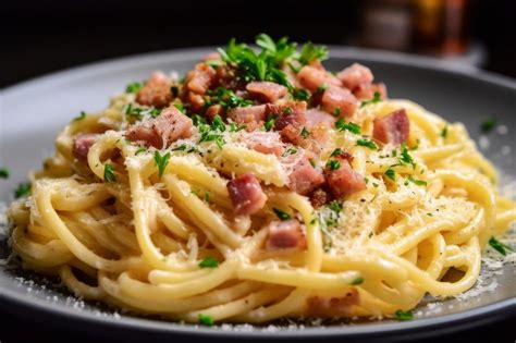 Tematska fotografija: testenine Carbonara s slanino, jajčno omako in parmezanom