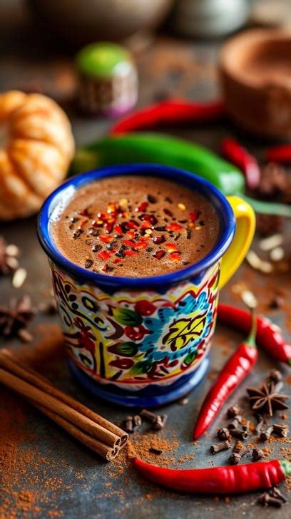 Thematic photo of a mug of hot chocolate with chili, cinnamon sticks and chocolate shavings