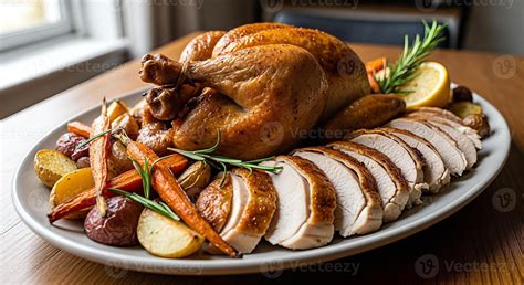 Thematic photo of a perfectly roasted whole chicken on a platter
