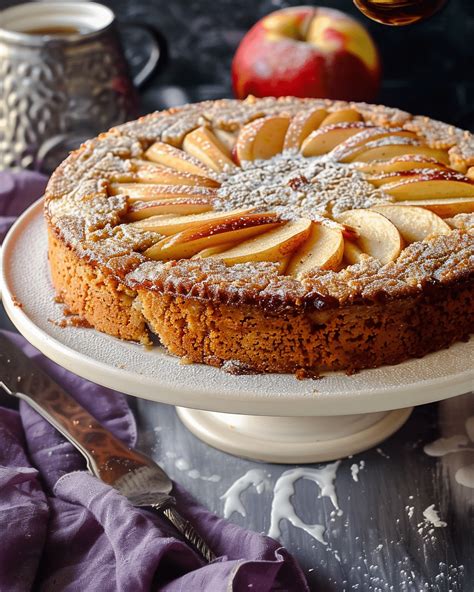 Thematic photo of a juicy apple semolina cake with walnuts and chocolate glaze on a serving plate