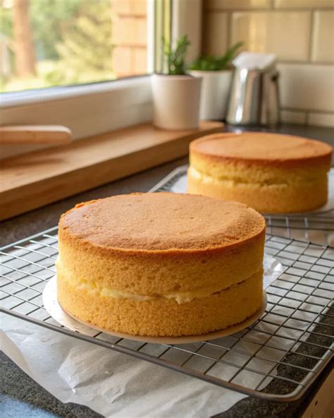 Thematic photo of two thin layers of golden sponge cake cooling on baking paper