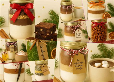 različni darilni kozarci (granola, browniji, juha) kot kulinarična darila
