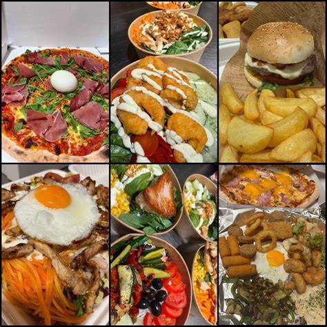 Ilustracija raznolike ponudbe hitre hrane (pizza, burger, solata)