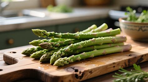 Thematic photo of fresh asparagus spears on a wooden board