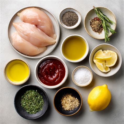 Various fresh ingredients for chicken marinades, including herbs, spices, lemon, and oil