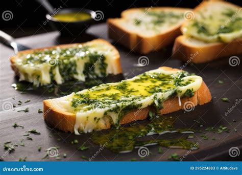 Photo of freshly baked baguettes with melted herb butter