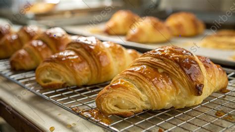 Thematic photo of freshly baked croissants with walnut filling on a cooling rack