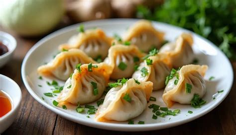 Japonski cmoki gyoza na krožniku, s hrustljavo zapečeno stranjo, svežim drobnjakom in omako
