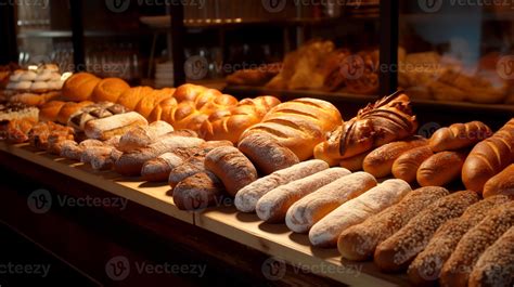 Thematic photo of a large selection of fresh bread and pastries in a bakery