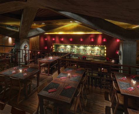 The modern, multi-level interior of DA BU DA restaurant with a prominent bar in Ljubljana.