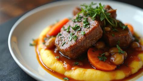 A close-up of veal steaks simmering in a rich, dark sauce with carrots