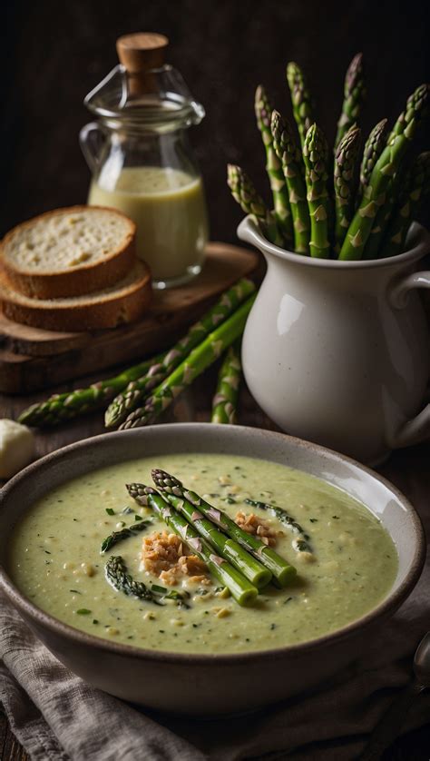 Asparagus soup with croutons and asparagus tips