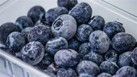 Thematic photo of frozen blueberries in a bowl with some fresh ones scattered around.