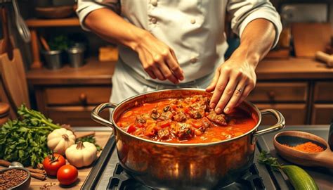 Photo of a chef preparing goulash, emphasizing the slow cooking process.