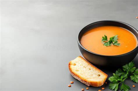 Thematic photo of a bowl of lentil tomato soup with fresh herbs and a slice of bread