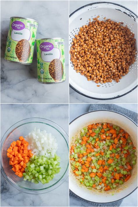 Infographic showing chopped vegetables and rinsed lentils
