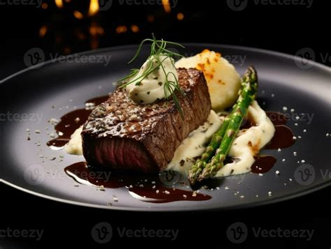 Photo of a plated steak with side dishes and sauce