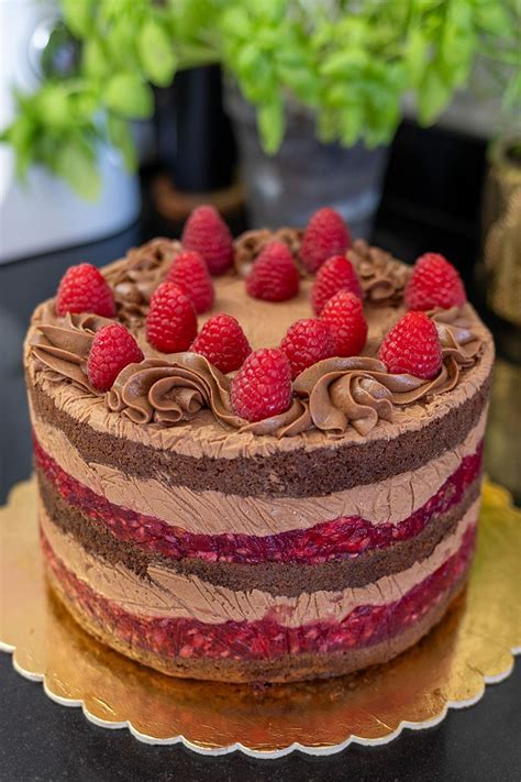Fotografija večplastne torte z malinami