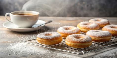 Thematic photo of freshly baked donuts on a cooling rack, sprinkled with powdered sugar.