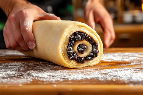 Thematic photo of dough being filled with a juicy filling, e.g., jam or nuts