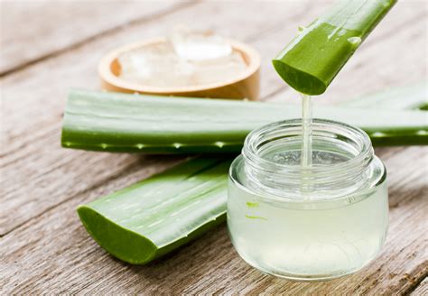 Fotografija sveže rezanega lista aloe vere, iz katerega se cedi prozoren gel