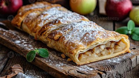 Thematic photo of a classic apple strudel on a wooden board, with powdered sugar and a slice missing.