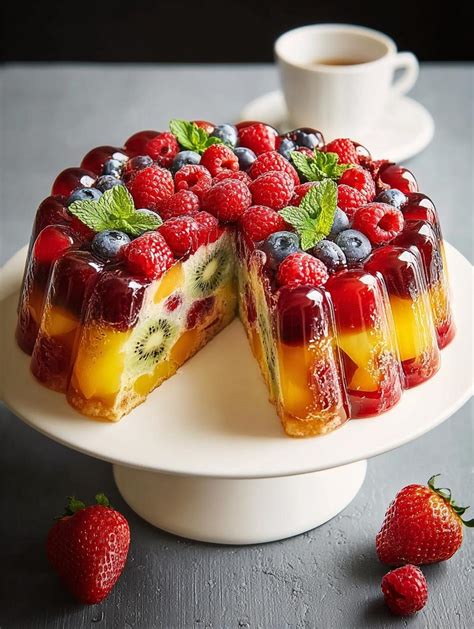 Thematic photo of a colorful fruit cake with yogurt