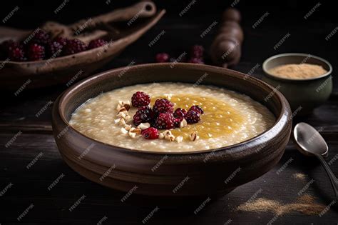 Thematic photo of a bowl of millet porridge with milk and berries