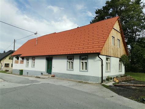Fotografija hiše na jami v Ribnici, obdane z zelenjem