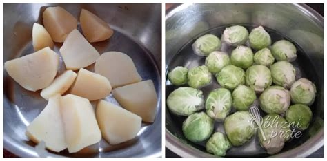 Sotiranje sladkega krompirja in brstičnega ohrovta v ponvi