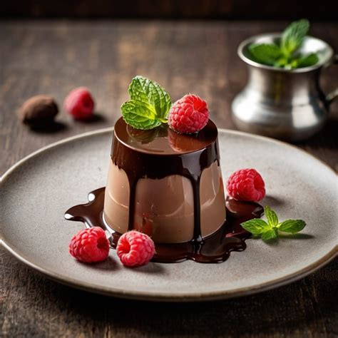 Thematic photo of panna cotta in glasses with chocolate topping and berries