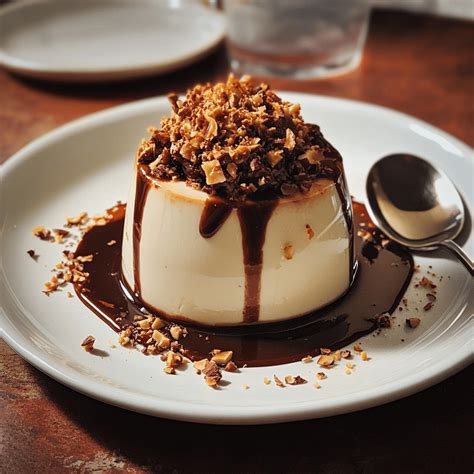 Photo of hazelnut panna cotta with chocolate sauce and chopped hazelnuts