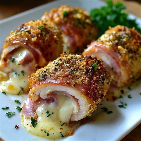 Cooked Cordon Bleu chicken rolls with prosciutto and cheese, golden brown