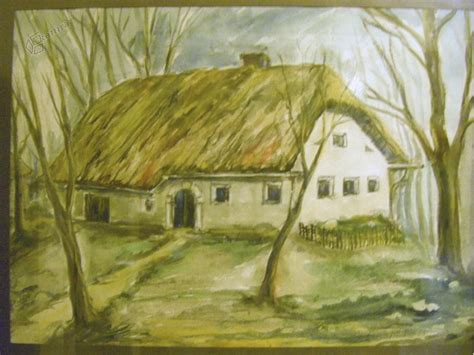 Ilustracija stare prekmurske kmečke hiše z dvoriščem, kjer se pripravlja hrana.