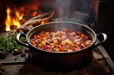 Thematic photo of a rustic kitchen with a pot of stew on the stove