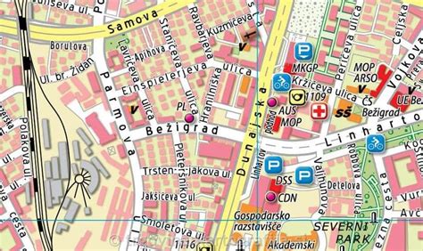 Zemljevid mesta Nova Gorica z označenimi ključnimi točkami in poslovnimi objekti