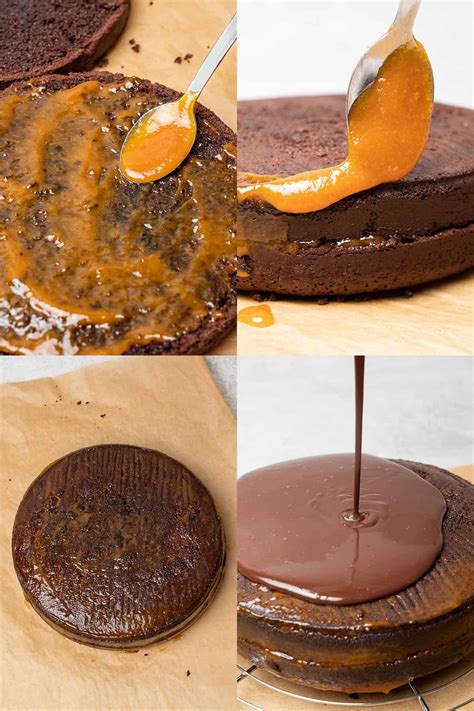 Shematski prerez Sacher torte z vidnimi plastmi biskvita in marmelade.