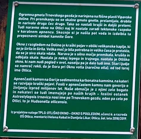 Legenda o nastanku Otliškega okna na informativni tabli